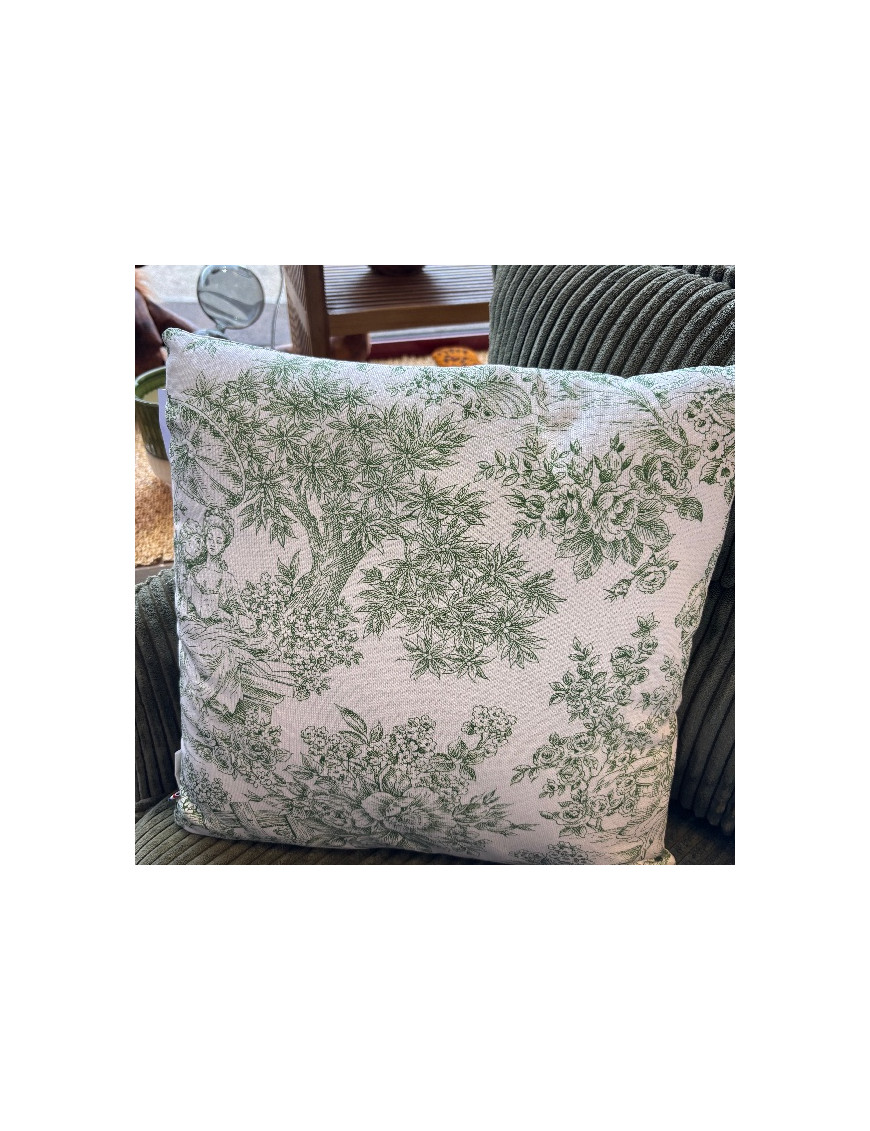 Coussin en toile de jouy verte
