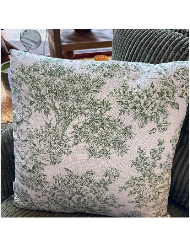 Coussin en toile de jouy verte