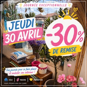👉 Jeudi 30 avril, 🌼 30 références, 💯 30% de remise 

 Bougie, vaisselle, luminaire, coussin… 30 références passent à -30% toute la journée de ce jeudi 30 avril! 

Alors venez vous faire plaisir, je vous attends nombreux & nombreuses! 🤩

📍 Jeudi 30 avril uniquement
Offre valable uniquement en boutique sauf sur les commandes réservées, mises de côté et sur la collection @Alaskan MAKER 

#journeedefolie #promo #printemps #decoration #stagingalive 😎